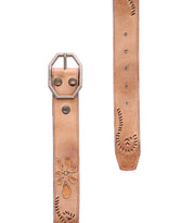 Introducing the Bed|Stü Upswing II—a light brown, handcrafted leather belt adorned with embossed floral and swirl patterns, featuring a hexagonal metal buckle and multiple adjustment holes along the strap.
