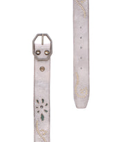 Introducing the Bed|Stü Upswing II: a light gray handcrafted leather belt featuring a metal buckle, decorative stitching, and a distinctive cut-out floral pattern. This artisanal belt showcases elegant detailing that seamlessly blends style with expert craftsmanship. Shown in both front and side views against a white background.