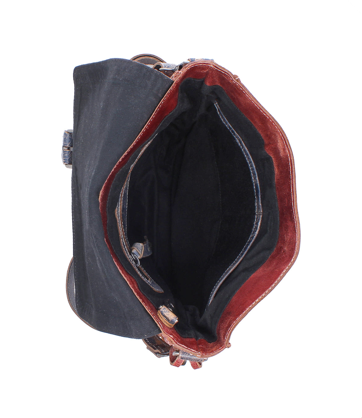 Top view of the Bed|Stü Venice Beach crossbody bag, featuring a dark blue full-grain leather exterior, maroon inner lining, black interior, and multiple inner compartments.