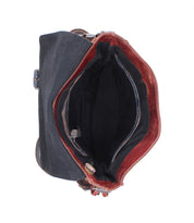 Top view of the Bed|Stü Venice Beach crossbody bag, featuring a dark blue full-grain leather exterior, maroon inner lining, black interior, and multiple inner compartments.