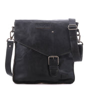 The Venice Beach by Bed|Stü is a black full-grain leather crossbody messenger with a front flap, buckle closure, adjustable strap, and embossed branding.