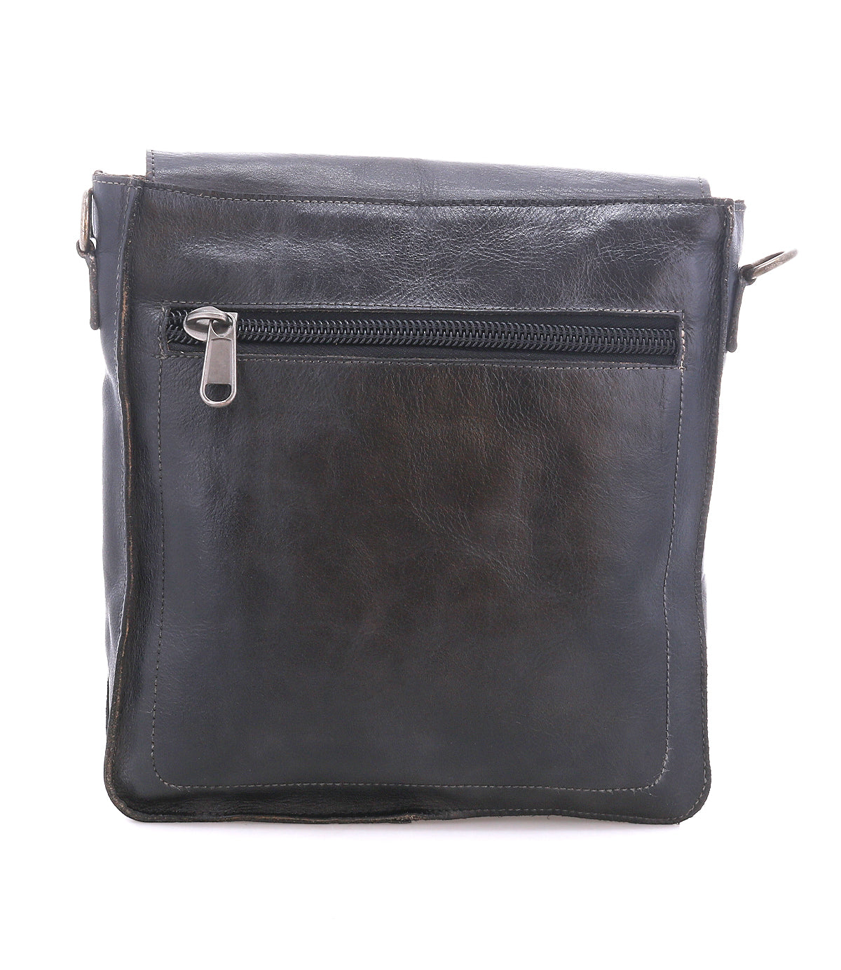 The Bed|Stü Venice Beach is a black full-grain leather shoulder bag featuring a front zippered pocket, displayed against a white background. Designed with an adjustable strap, it can also be worn as a crossbody for versatile styling.