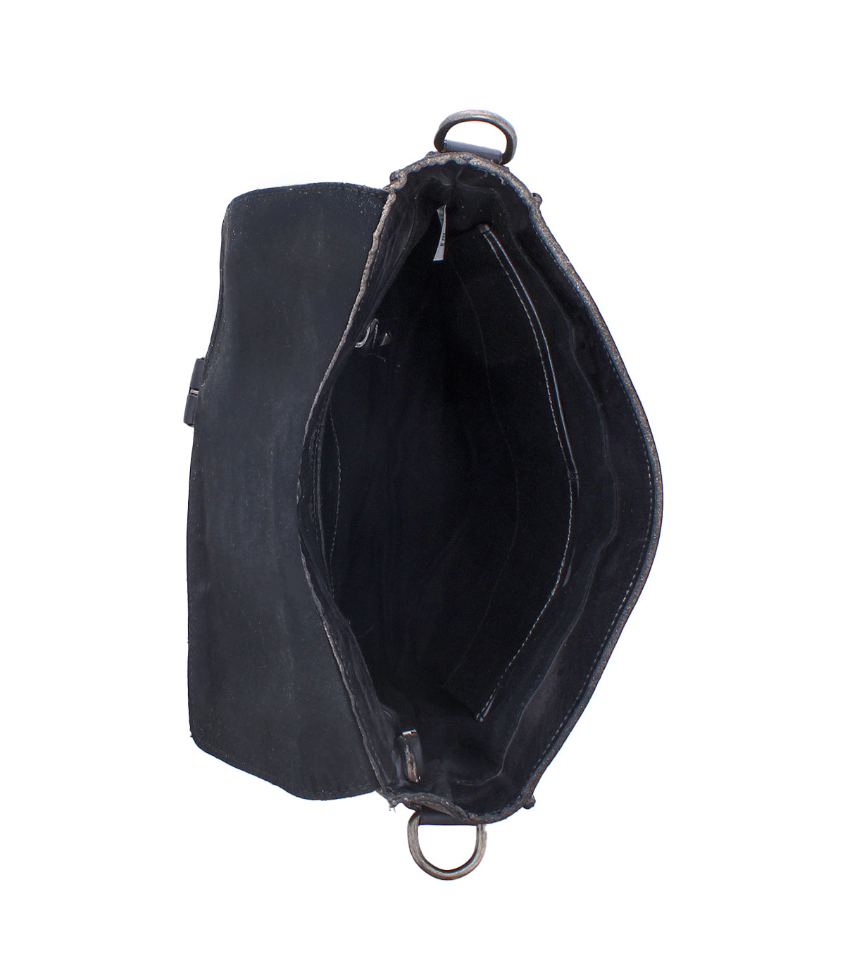 The Bed|Stü Venice Beach full-grain leather crossbody bag is displayed from a top-down view on a white background, showcasing its visible interior compartments and flap closure. An adjustable strap offers versatile styling options.