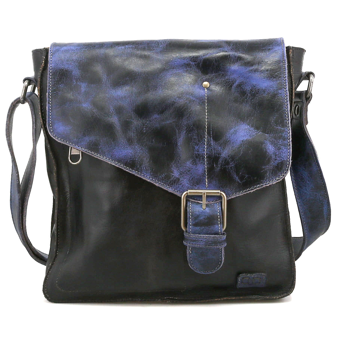 Introducing the Venice Beach crossbody bag by Bed|Stü, crafted from luxurious full-grain leather with a striking blue marbled flap, adjustable strap for personalized comfort, and a secure front buckle closure.