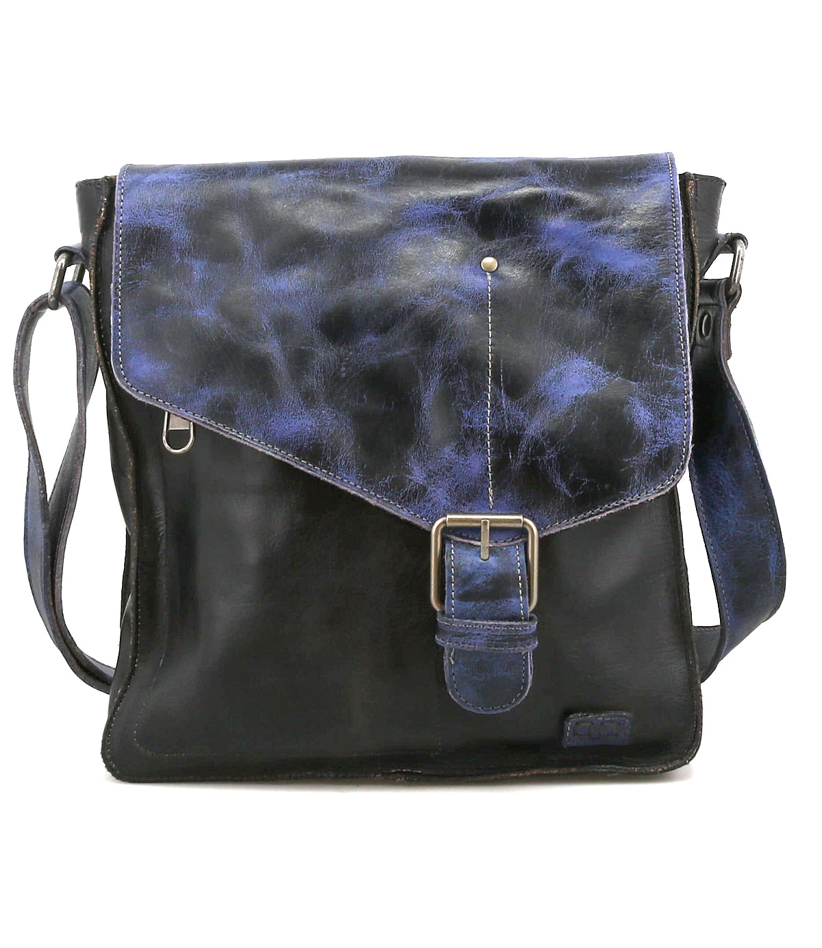 Introducing the Venice Beach crossbody bag by Bed|Stü, crafted from luxurious full-grain leather with a striking blue marbled flap, adjustable strap for personalized comfort, and a secure front buckle closure.