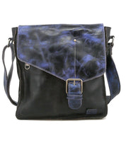 Introducing the Venice Beach crossbody bag by Bed|Stü, crafted from luxurious full-grain leather with a striking blue marbled flap, adjustable strap for personalized comfort, and a secure front buckle closure.