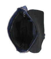 Top view of the open Bed|Stü Venice Beach crossbody bag in black full-grain leather, featuring a flap closure, empty interior, adjustable strap, and a zipper compartment.