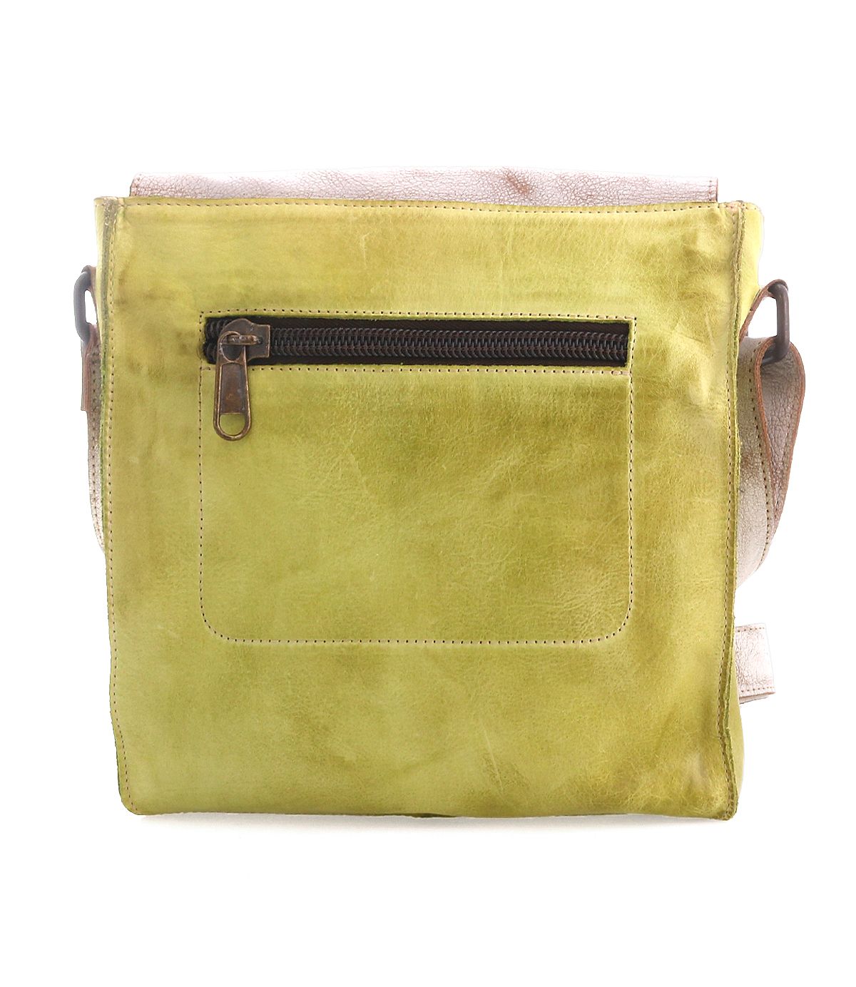 Introducing the Venice Beach by Bed|Stü—a stylish green full-grain leather shoulder bag with a brown adjustable strap and an external zippered pocket on the front.