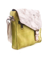 Introducing Venice Beach by Bed|Stü—a green and beige full-grain leather shoulder bag with a flap closure, buckle detail, and adjustable strap, displayed against a white background. This versatile design can also be worn as a crossbody bag for hands-free convenience.