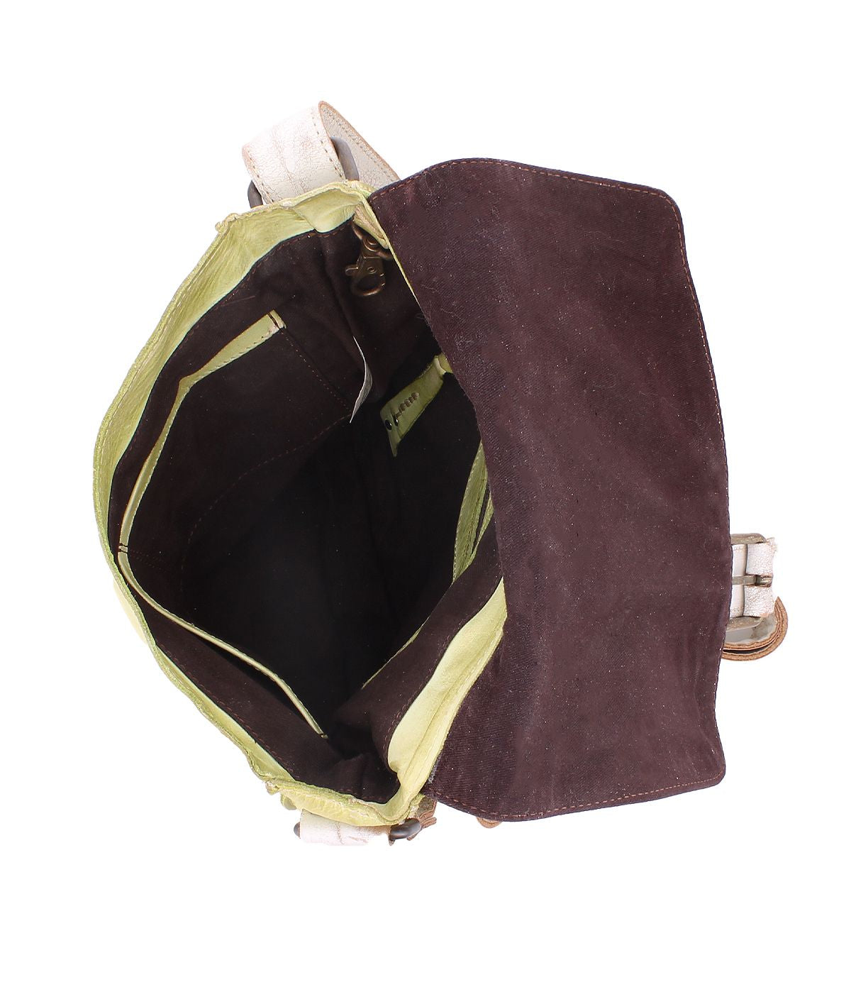 Venice Beach crossbody bag by Bed|Stü in open brown, featuring a spacious main compartment, an interior zipper pocket, and a light green lining—all seen from above on a white background. Expertly crafted from full-grain leather with an adjustable strap for versatile styling.
