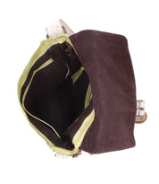 Venice Beach crossbody bag by Bed|Stü in open brown, featuring a spacious main compartment, an interior zipper pocket, and a light green lining—all seen from above on a white background. Expertly crafted from full-grain leather with an adjustable strap for versatile styling.