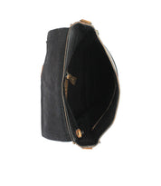 Top view of the Bed|Stü Venice Beach crossbody bag in black with tan trim, revealing its spacious full-grain leather interior and a small inner pocket—offering a perfect blend of functionality and timeless style.