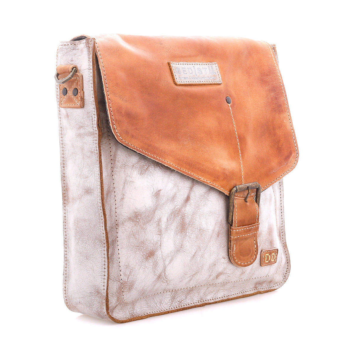 Introducing the Venice Beach by Bed|Stü: a square crossbody bag with an adjustable strap, showcasing a brown full-grain leather flap with buckle closure, and a mottled gray body. The Bed|Stü logo is featured on both the flap and the lower front corner.