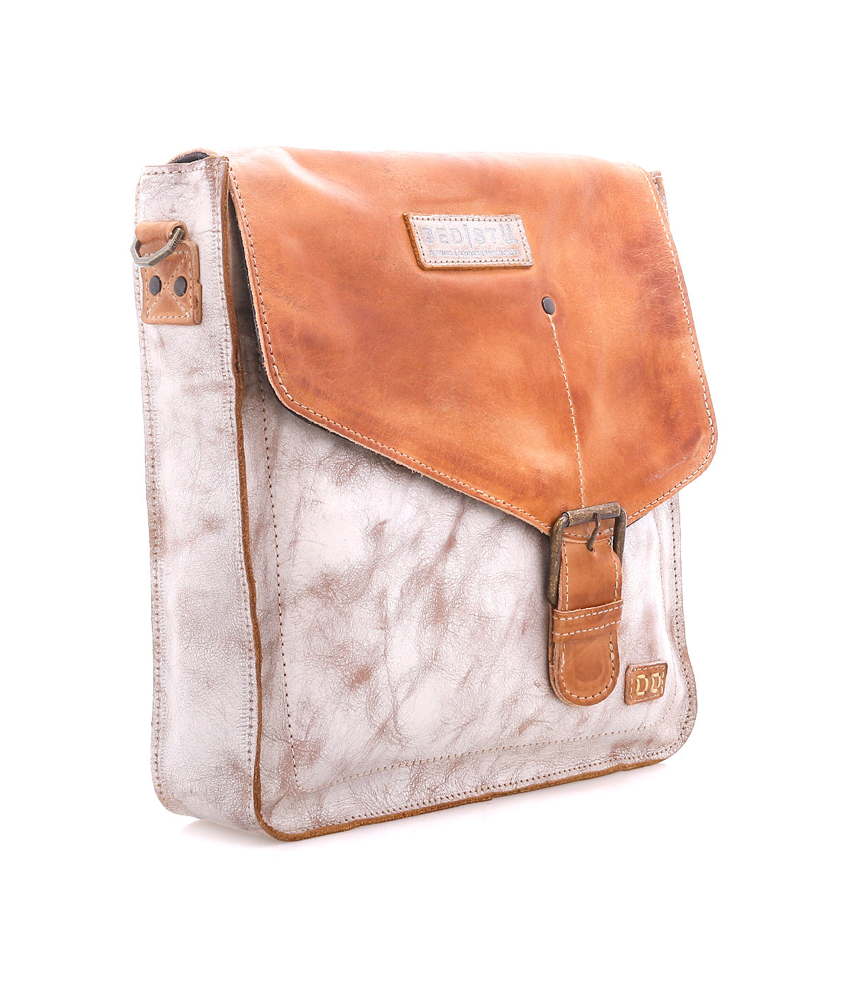 Introducing the Venice Beach by Bed|Stü: a square crossbody bag with an adjustable strap, showcasing a brown full-grain leather flap with buckle closure, and a mottled gray body. The Bed|Stü logo is featured on both the flap and the lower front corner.