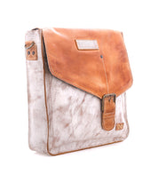 Introducing the Venice Beach by Bed|Stü: a square crossbody bag with an adjustable strap, showcasing a brown full-grain leather flap with buckle closure, and a mottled gray body. The Bed|Stü logo is featured on both the flap and the lower front corner.