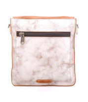 The Venice Beach shoulder bag by Bed|Stü is a square-shaped accessory crafted from light beige full-grain leather. It features brown detailing, a front zippered pocket, and an adjustable strap for comfortable wear, all showcased against a white background.