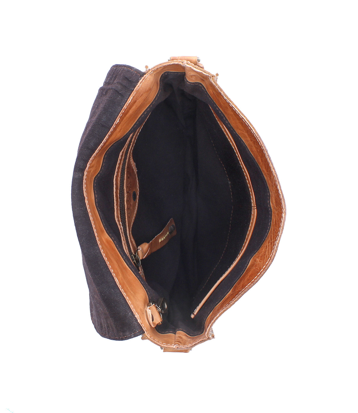 Top view of the Bed|Stü Venice Beach crossbody bag in brown and black full-grain leather, showcasing its multiple compartments and zippered pocket, set against a white background.
