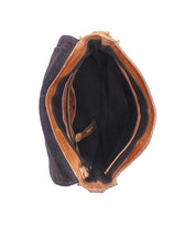 Top view of the Bed|Stü Venice Beach crossbody bag in brown and black full-grain leather, showcasing its multiple compartments and zippered pocket, set against a white background.