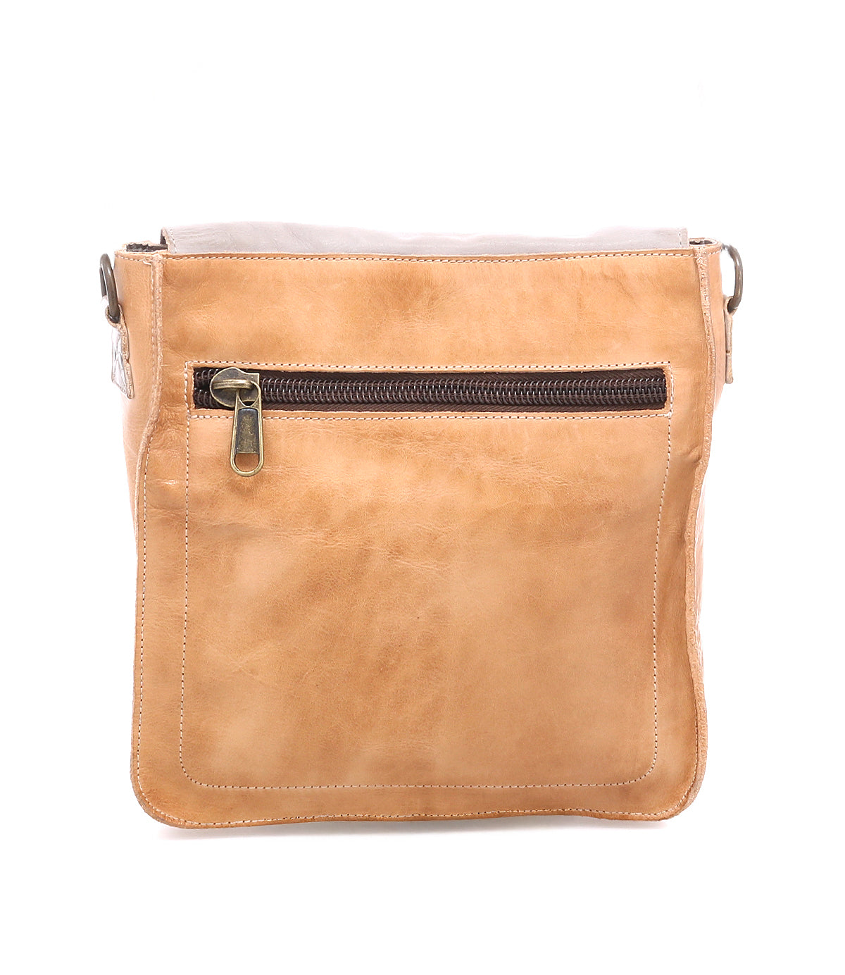 The Bed|Stü "Venice Beach" is a tan full-grain leather shoulder bag with visible stitching and a front zipper pocket, featuring an adjustable strap for added versatility, photographed against a white background.