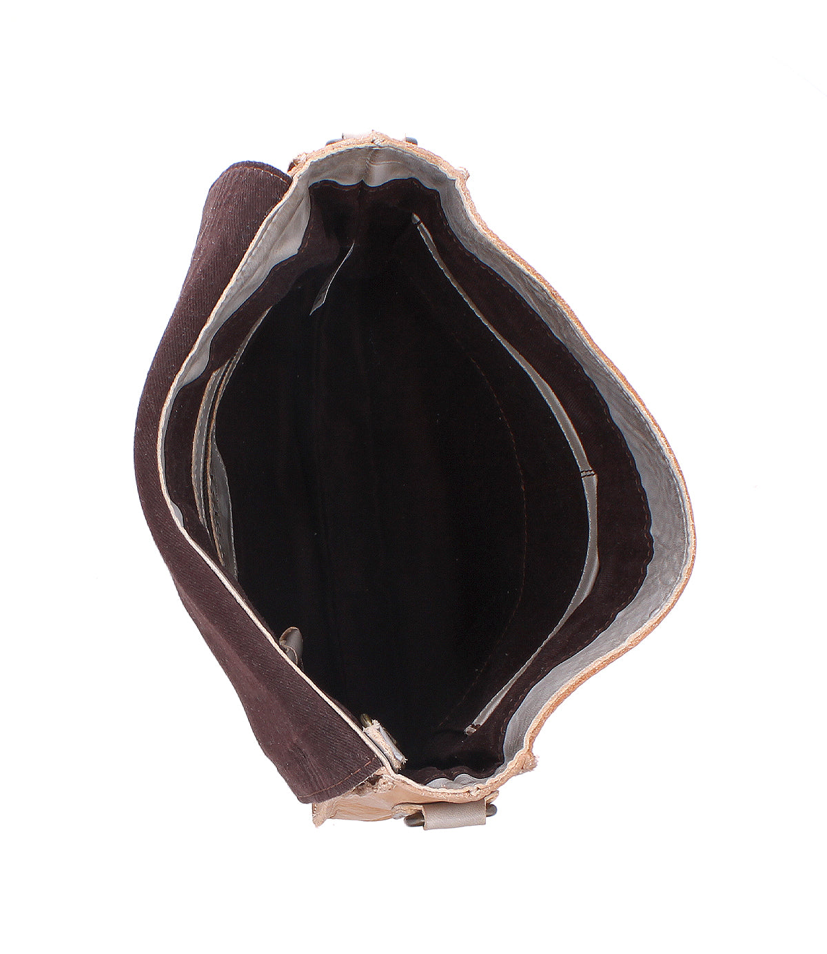 Top view of an empty, open Bed|Stü Venice Beach brown crossbody bag with visible inner compartments and suede-like lining, featuring an adjustable strap, photographed on a white background.