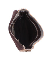 Top view of an empty, open Bed|Stü Venice Beach brown crossbody bag with visible inner compartments and suede-like lining, featuring an adjustable strap, photographed on a white background.