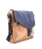 Introducing the Bed|Stü Venice Beach messenger bag—a tan and navy blue full-grain leather accessory featuring an adjustable shoulder strap, a front buckle detail, and a secure flap closure.