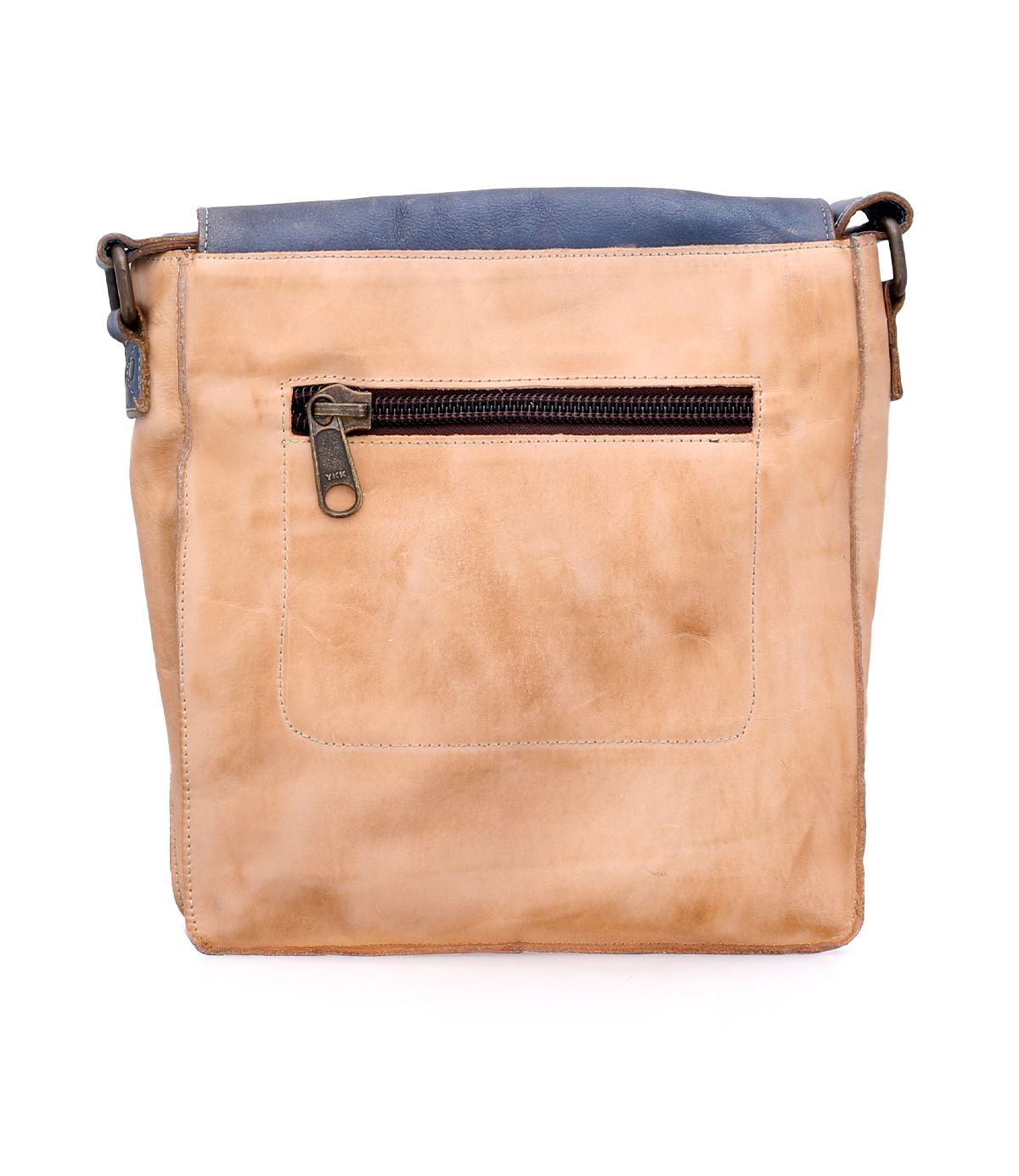 The Bed|Stü Venice Beach is a tan crossbody bag crafted from full-grain leather, featuring a blue top trim, front zippered pocket, and an adjustable strap, displayed against a white background.