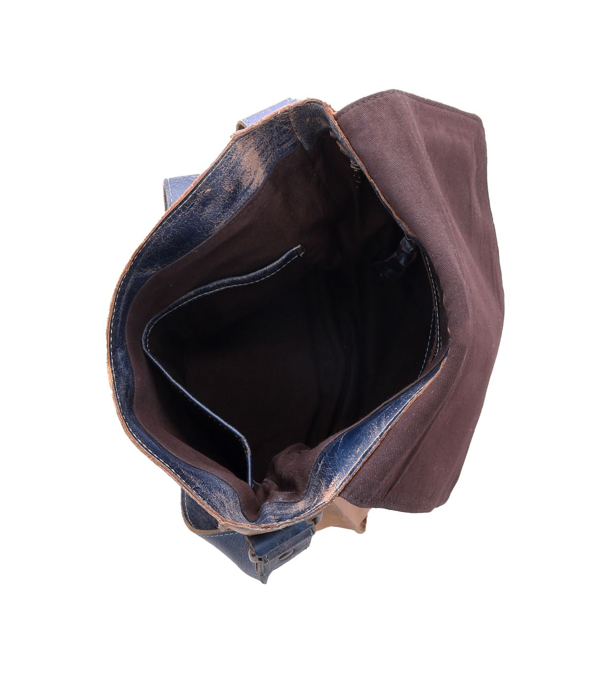 Top view of an open, empty Bed|Stü Venice Beach crossbody bag, crafted from full-grain leather with a brown interior and visible inner pocket, featuring an adjustable strap, displayed against a white background.