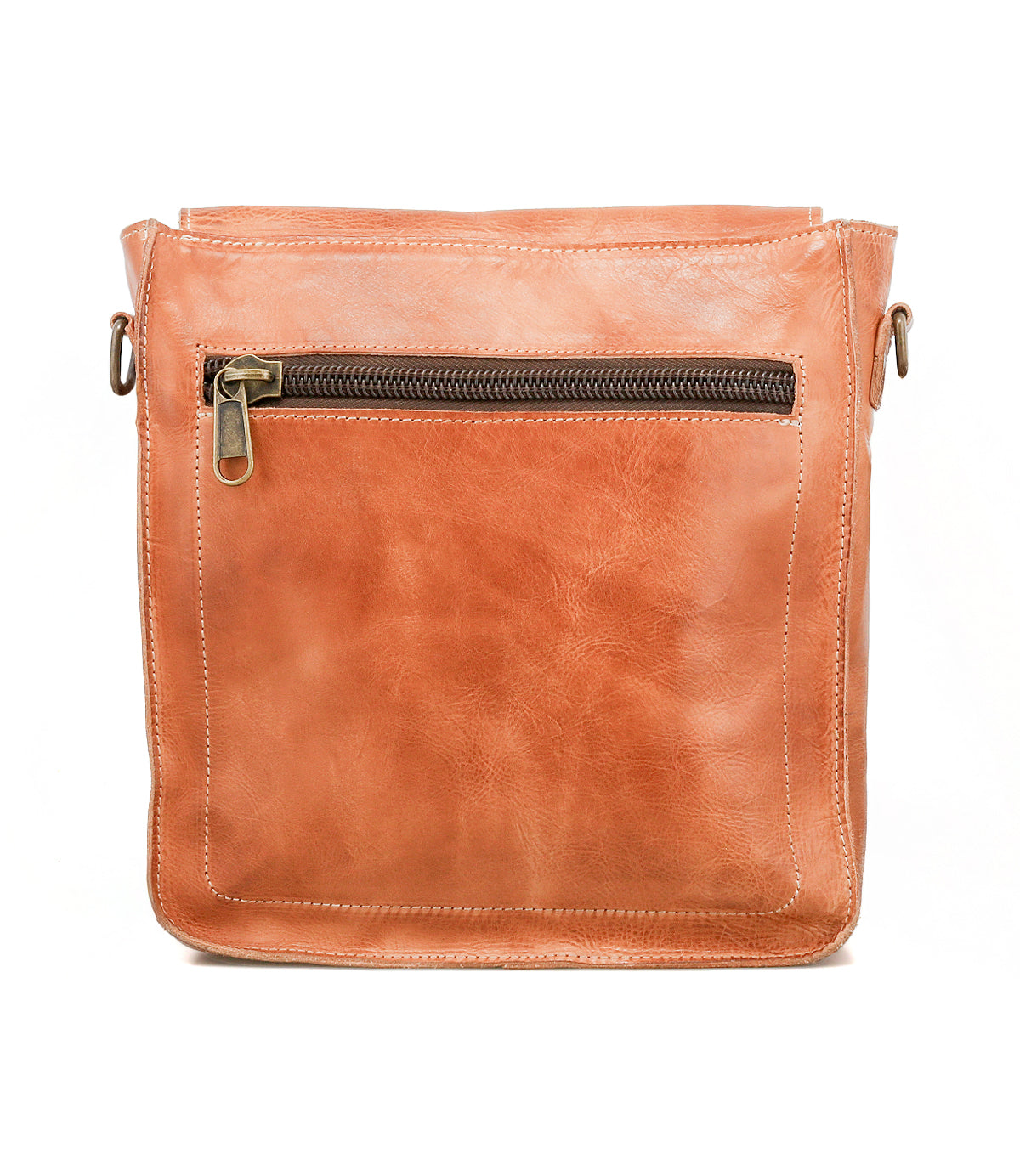 The Venice Beach by Bed|Stü is a square, tan full-grain leather crossbody bag with visible stitching and a front zippered pocket. It features an adjustable strap and is displayed against a plain white background.