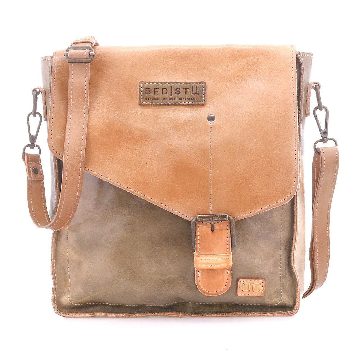 The Venice Beach crossbody bag by Bed|Stü features brown and tan full-grain leather, an adjustable strap, a front buckle closure, and a "Bed|Stü" label on the flap, photographed against a white background.