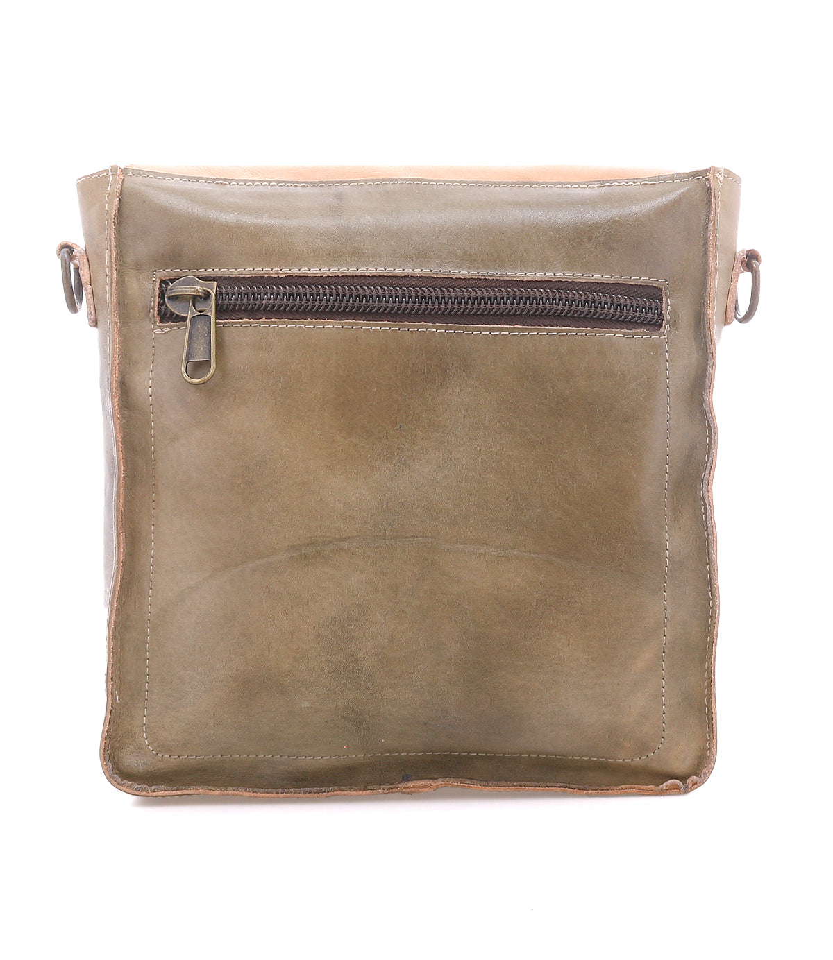 The Bed|Stü Venice Beach is a square olive green full-grain leather shoulder bag featuring a front zippered pocket and metal rings for its adjustable strap, displayed against a white background.