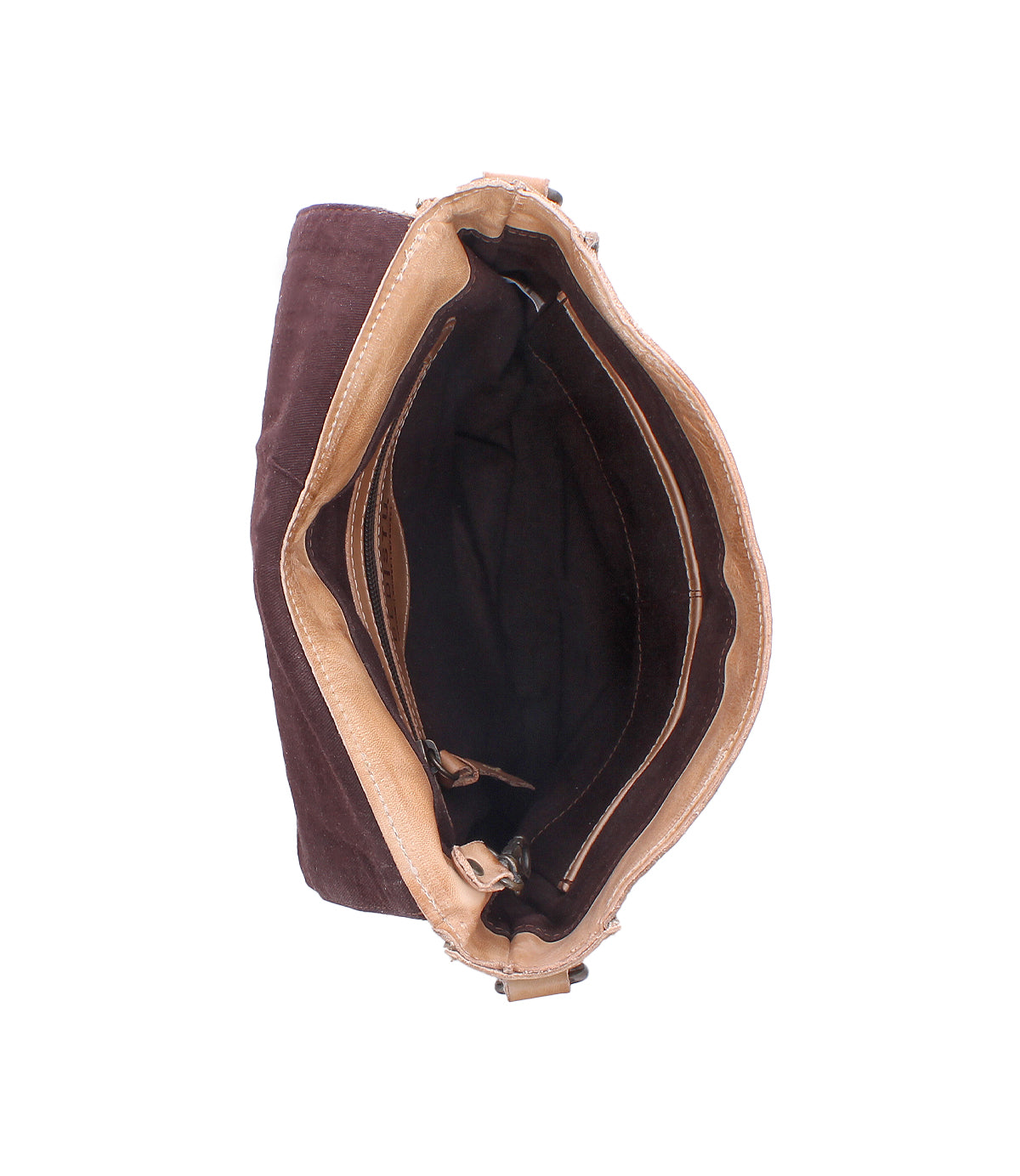 Top view of the Bed|Stü Venice Beach crossbody bag in brown with beige trim, crafted from full-grain leather, featuring multiple interior compartments and zippered pockets, displayed against a white background.
