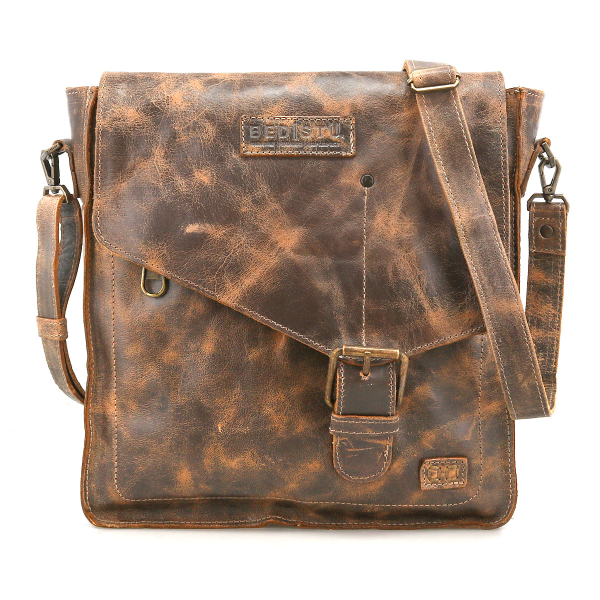 The Venice Beach messenger bag by Bed|Stü is crafted from distressed brown full-grain leather and features an adjustable strap for versatile crossbody wear, a front buckle closure, and embossed branding on the flap.