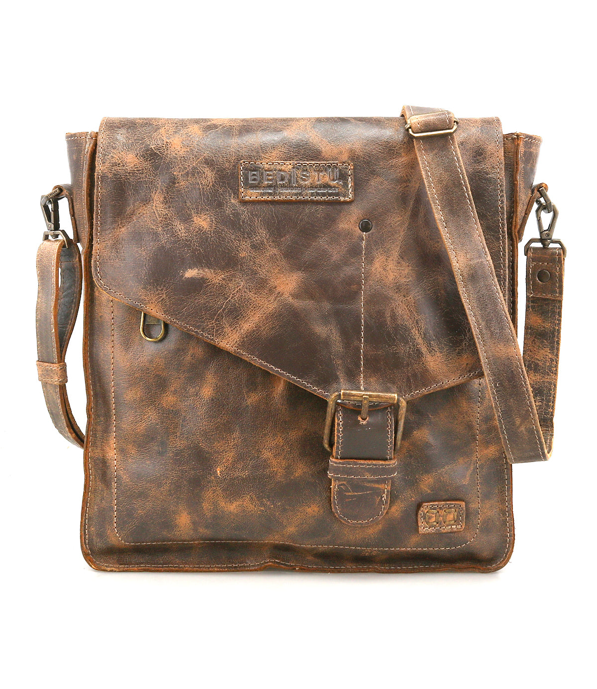 The Venice Beach messenger bag by Bed|Stü is crafted from distressed brown full-grain leather and features an adjustable strap for versatile crossbody wear, a front buckle closure, and embossed branding on the flap.