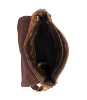 Top view of the Venice Beach crossbody bag by Bed|Stü, crafted from full-grain leather and canvas in brown, with an open zipper revealing a spacious main compartment, visible interior lining, and an adjustable strap.