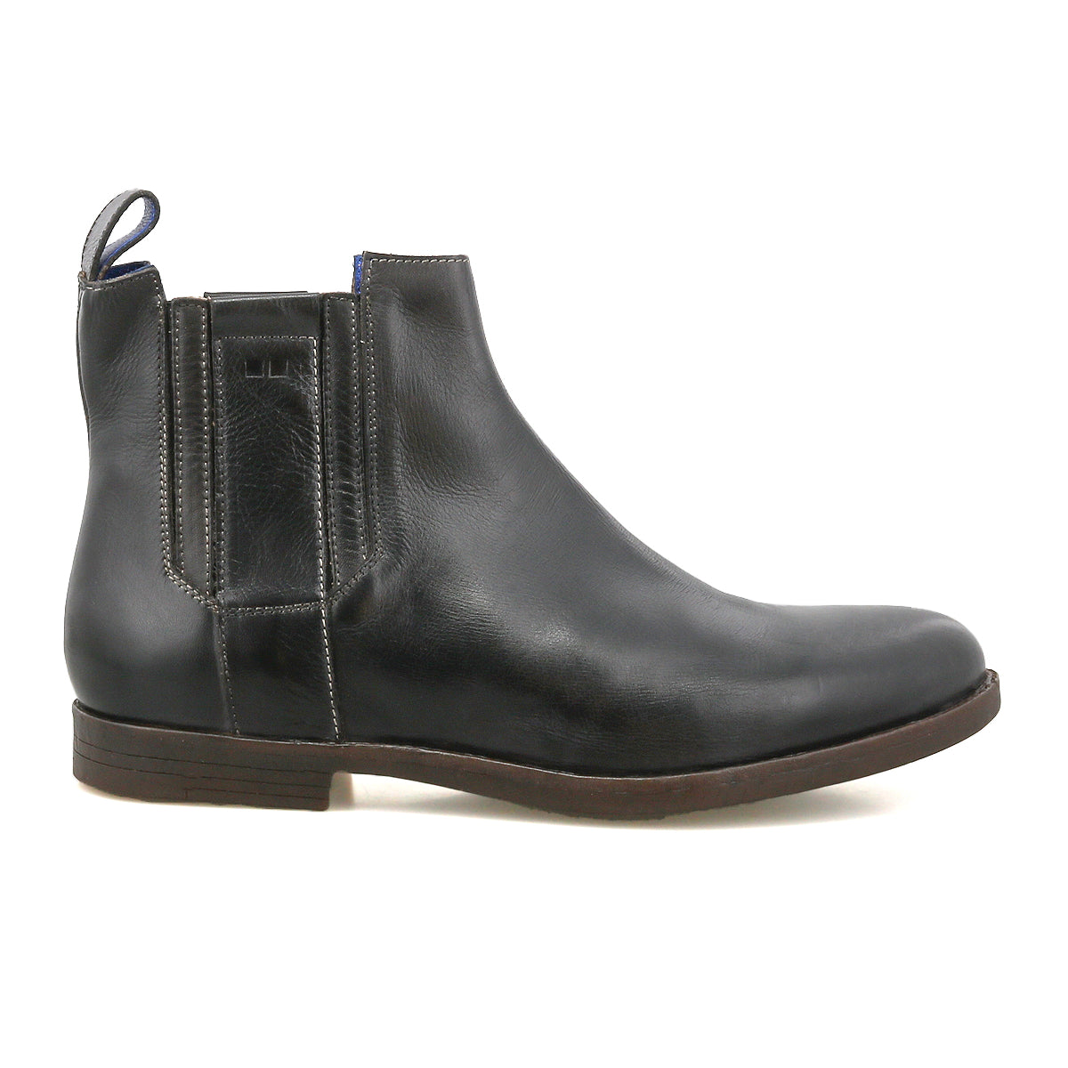 The Verrocchio by Bed|Stü is a black handcrafted leather Chelsea boot featuring an elastic side panel, back pull tab, and brown sole. Displayed in a left side profile view on a white background, this versatile boot is perfect for everyday wear.