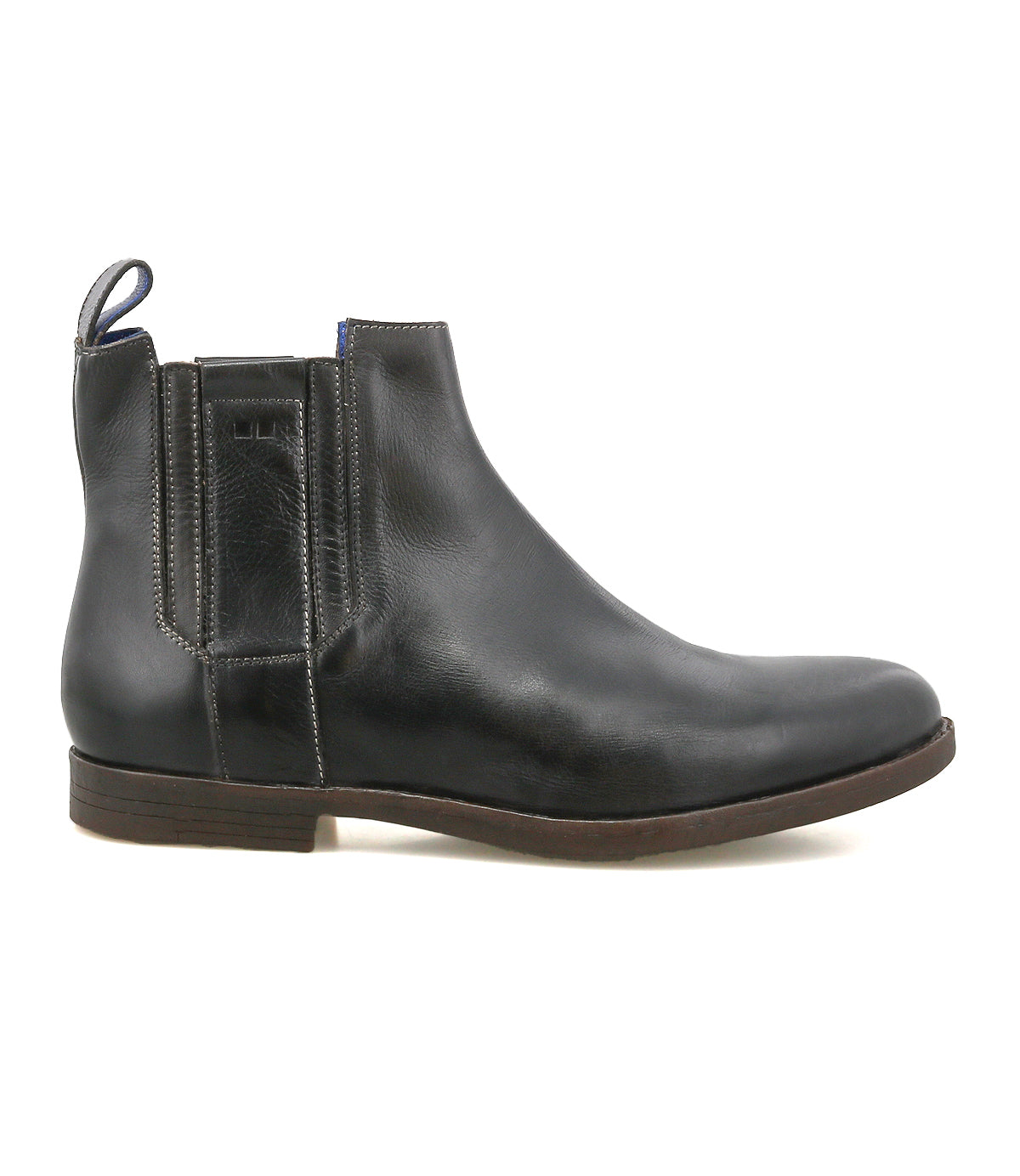 The Verrocchio by Bed|Stü is a black handcrafted leather Chelsea boot featuring an elastic side panel, back pull tab, and brown sole. Displayed in a left side profile view on a white background, this versatile boot is perfect for everyday wear.