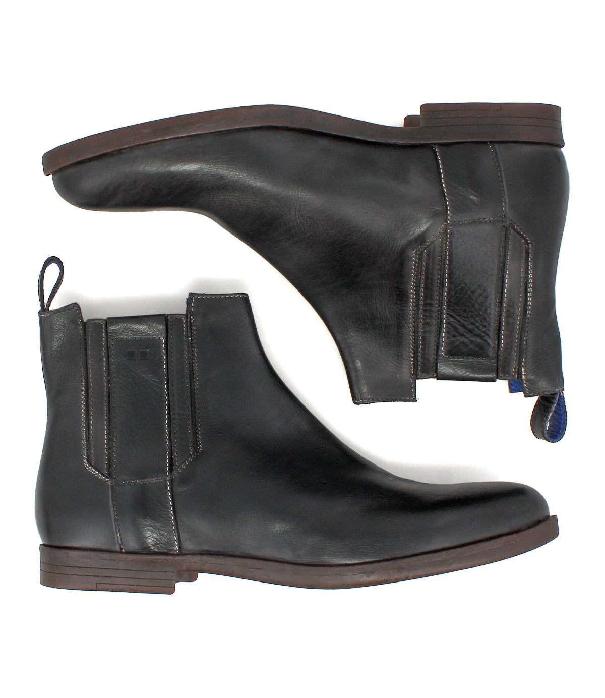 A pair of Verrocchio black handcrafted leather Chelsea boots by Bed|Stü, featuring elastic side panels and low heels, shown from the side and bottom against a white background—ideal for everyday wear.