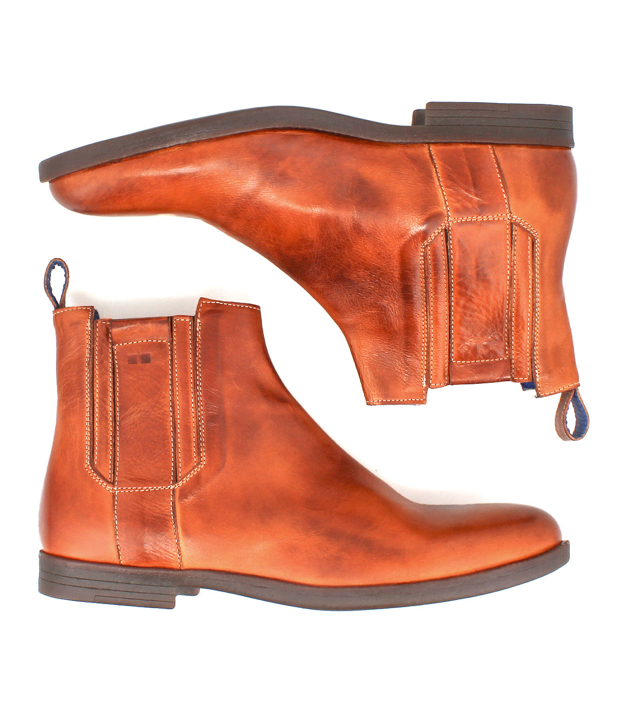 Introducing Verrocchio by Bed|Stü: a pair of tan handcrafted leather Chelsea boots featuring elastic side panels, pull tabs, and dark brown rubber soles, showcased from both side and sole views on a white background—perfect for everyday wear.