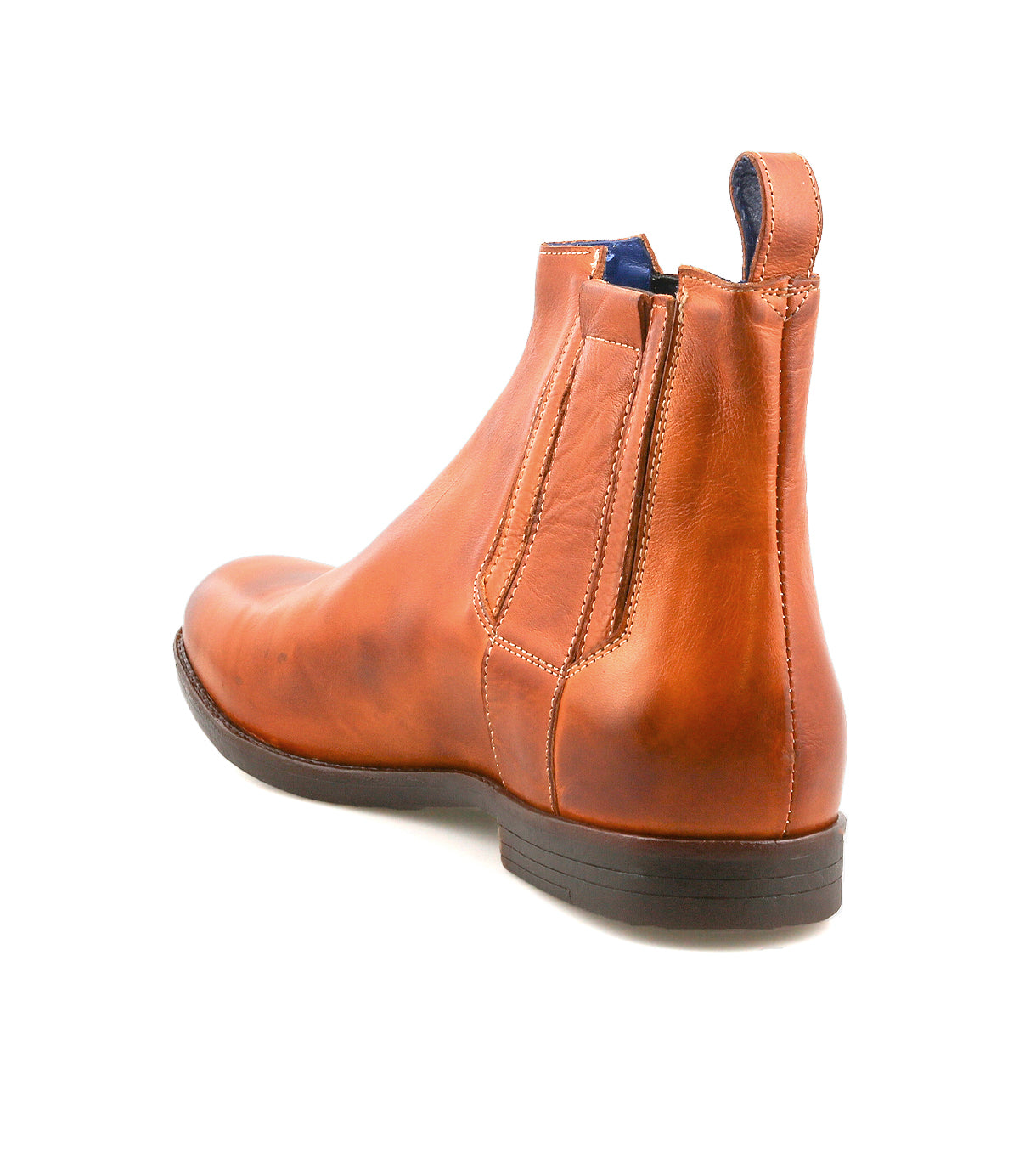 Introducing the Verrocchio Chelsea boot by Bed|Stü—a handcrafted brown leather boot featuring side zippers, a low heel, and a pull tab at the back for easy wear. Ideal for everyday use, it's shown from a rear side angle against a white background.