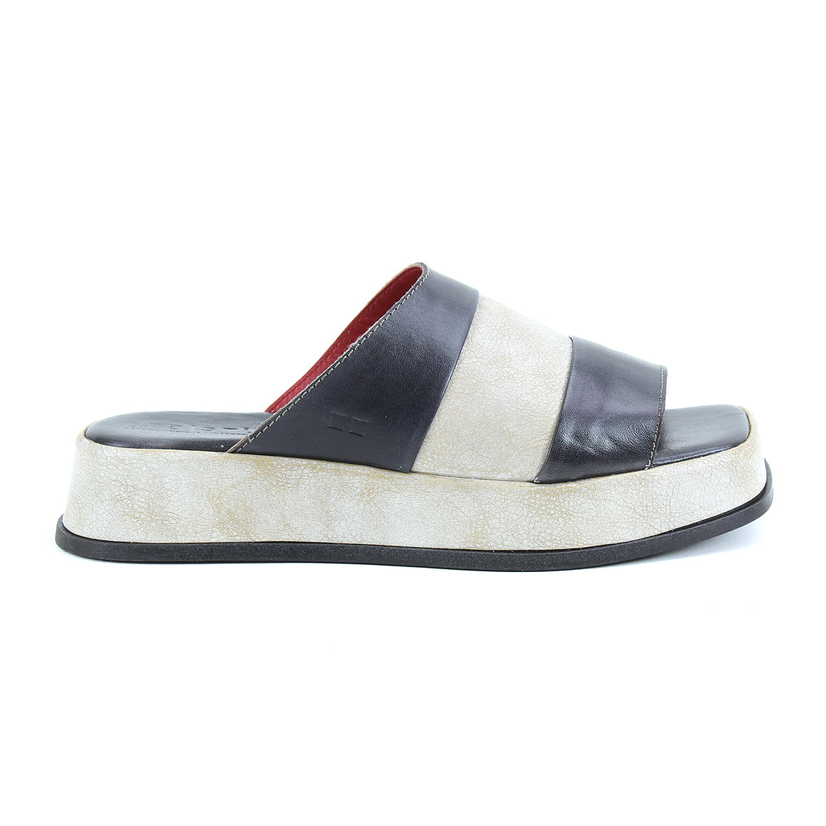 The Bed|Stü Vext is a platform slide sandal with a substantial leather-wrapped sole and two wide, dark brown leather straps, displayed in a side profile view against a plain white background.