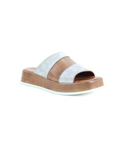 The Vext by Bed|Stü is a brown platform slide sandal featuring a leather-wrapped sole and a wide light gray strap across the foot, shown on a white background.