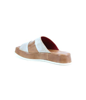 The Vext sandal by Bed|Stü is a single brown and beige square-toe design with a leather-wrapped sole, highlighted by a white platform and red inner lining, shown against a white background.