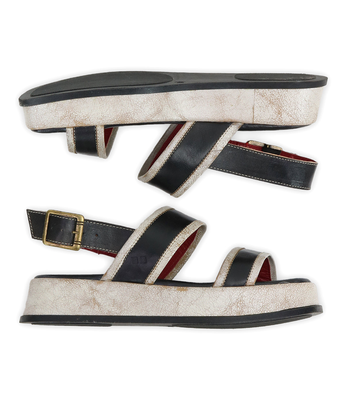 A pair of Bed|Stü Vice platform sandals in black and white, featuring gold buckles and an adjustable ankle strap, displayed side by side on a white background.