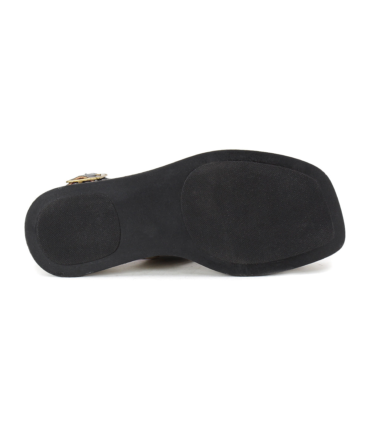 The image displays the black rubber outsole of the Bed|Stü Vice platform sandal, viewed from beneath to showcase its tread pattern and heel area.