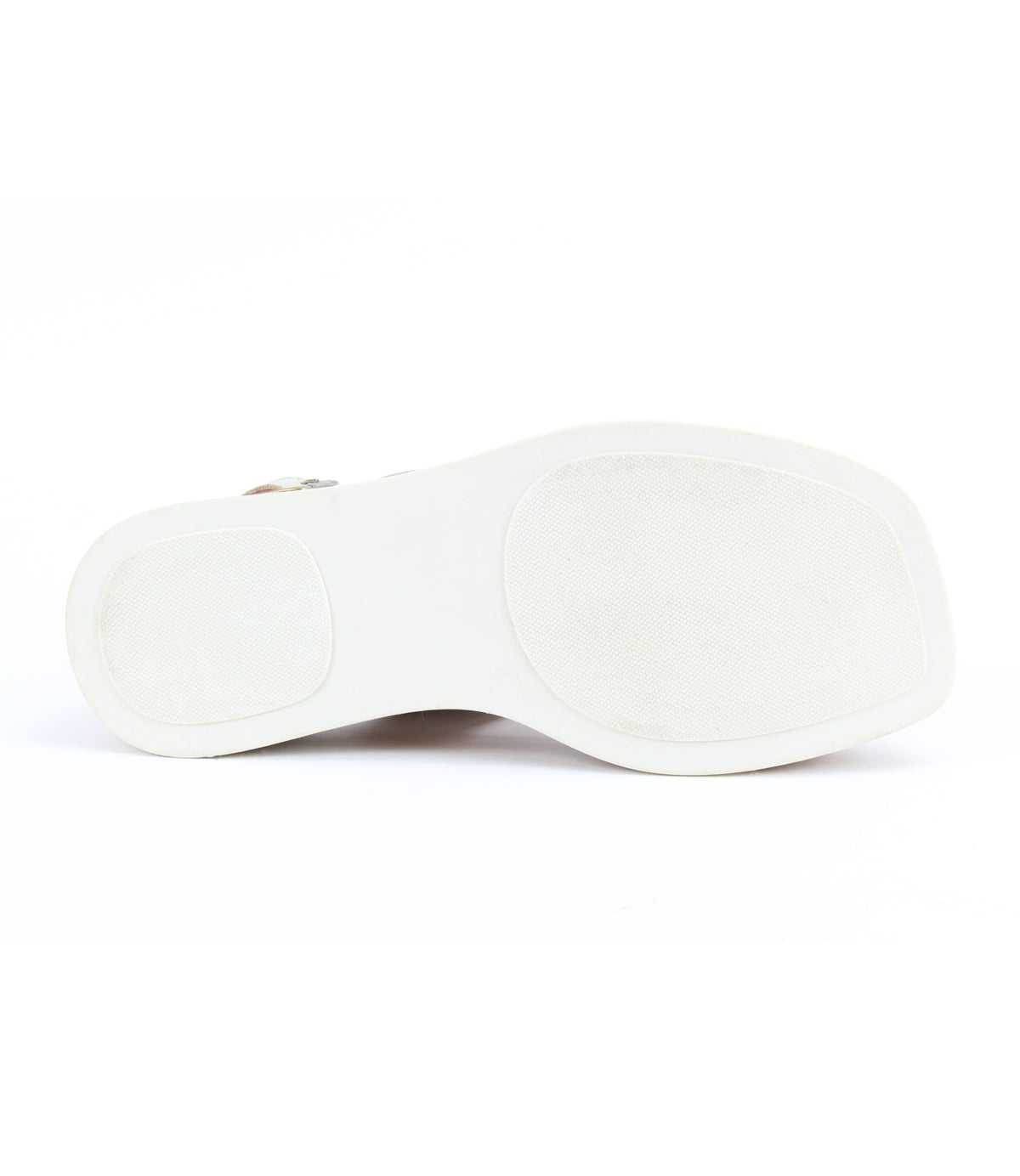 The image displays the white rubber sole of the Bed|Stü Vice strappy sandal, photographed from the bottom against a plain white background.
