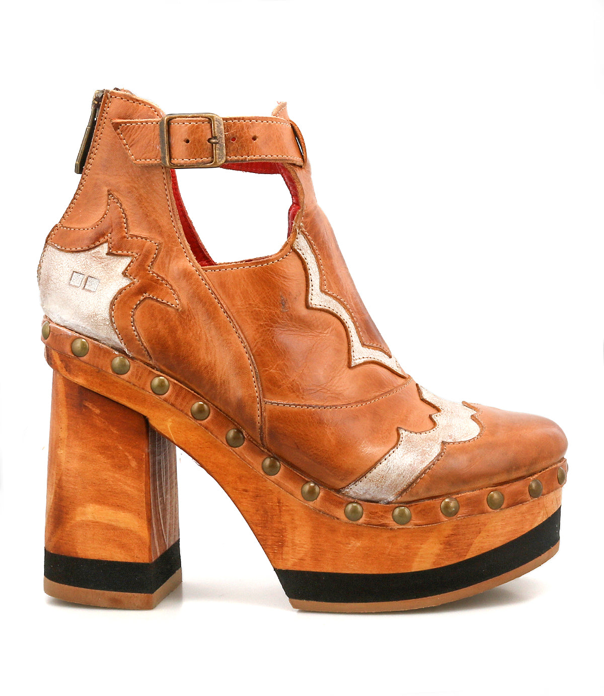Introducing the Viretta by Bed|Stü—a brown leather platform shoe featuring silver accents, a chunky, handcrafted wooden heel, brass studs, a zipper closure, and a buckled ankle strap.