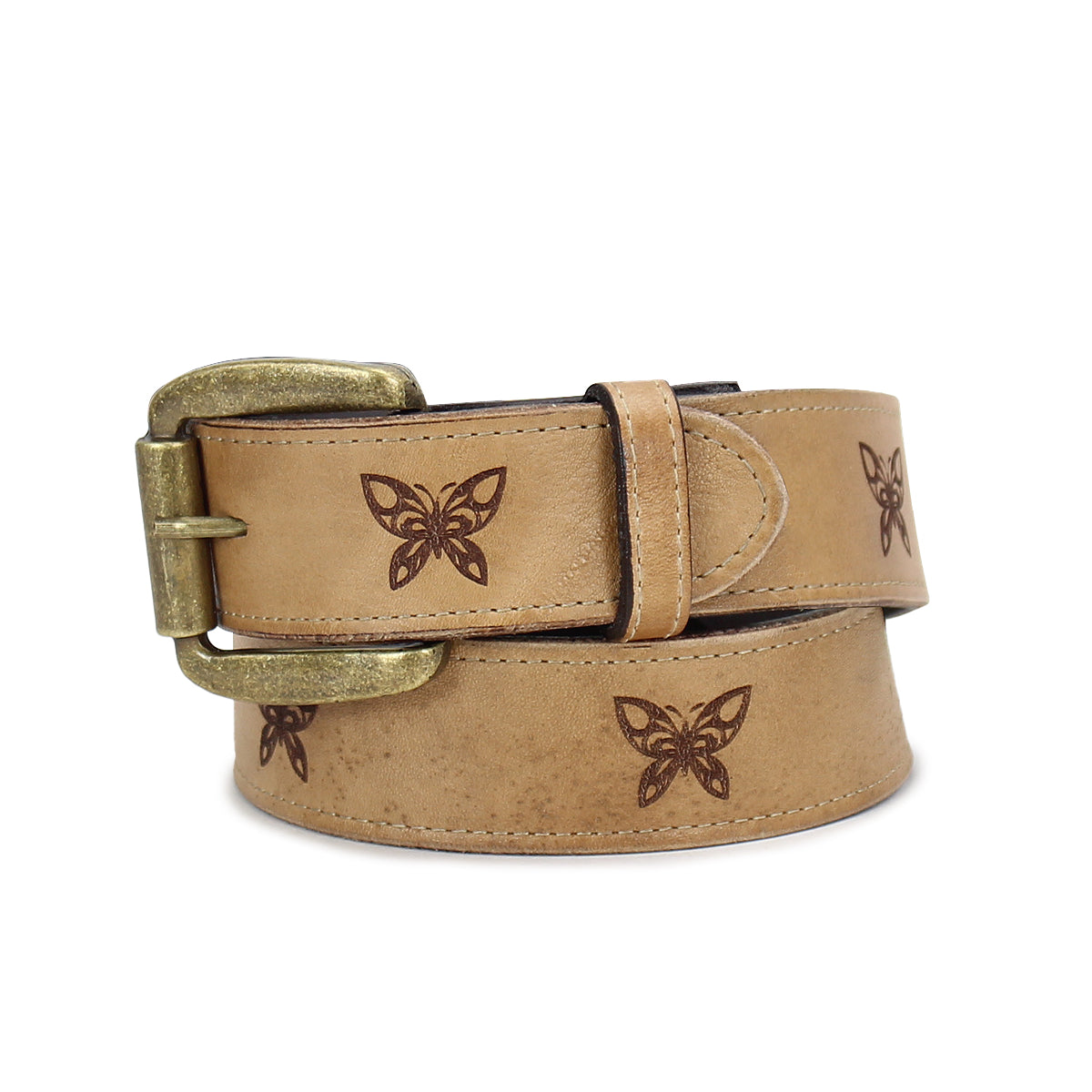 Introducing Wander by Bed|Stü—a whimsical tan leather belt adorned with delicate butterfly engravings and finished with an antique brass buckle.