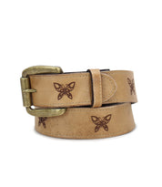 Introducing Wander by Bed|Stü—a whimsical tan leather belt adorned with delicate butterfly engravings and finished with an antique brass buckle.
