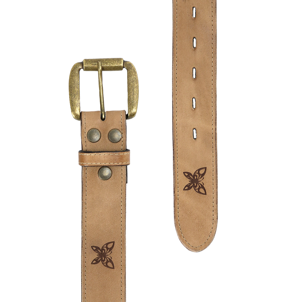 The Wander belt from Bed|Stü features light brown leather, a brass buckle, sturdy metal rivets, and a decorative stamped knot near the pointed end—this whimsical accessory will add subtle charm to any outfit.